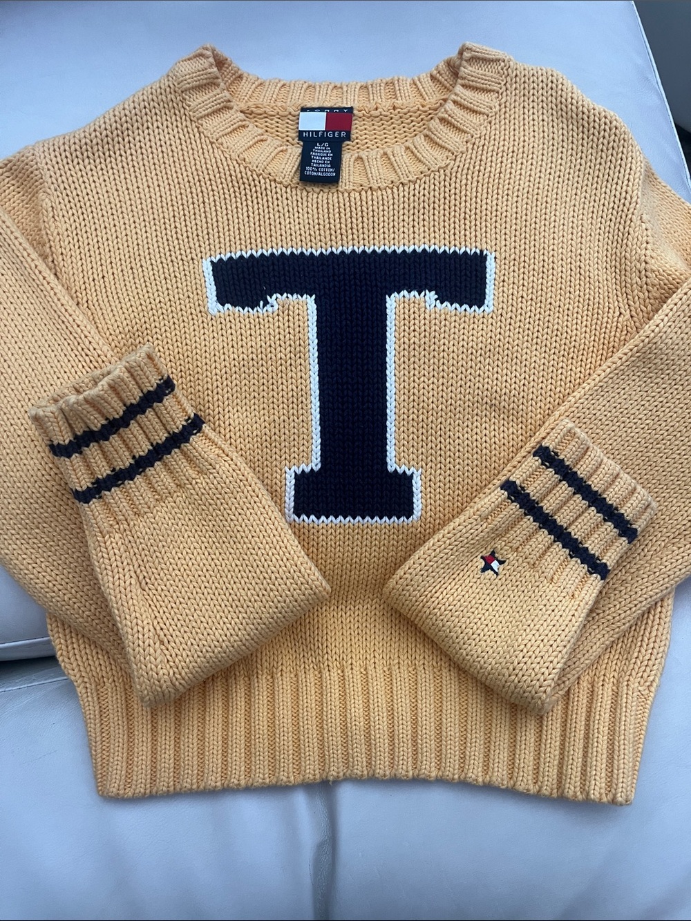 Tommy Hilfiger Yellow Knit Sweater with Navy 'T' and Stripe Cuffs